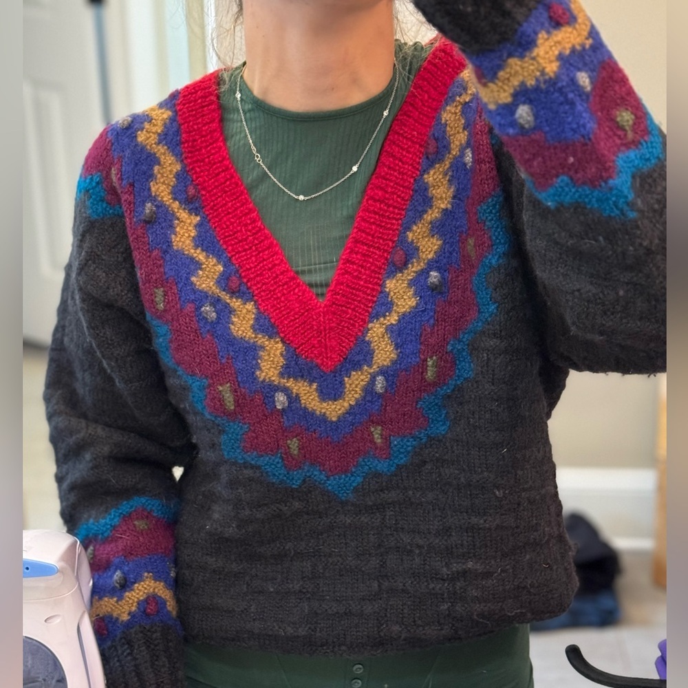 Rare Vintage 90’s Jackie Chaulkey Scandinavian Colorful V-Neck Sweater Medium - Picture 6 of 6